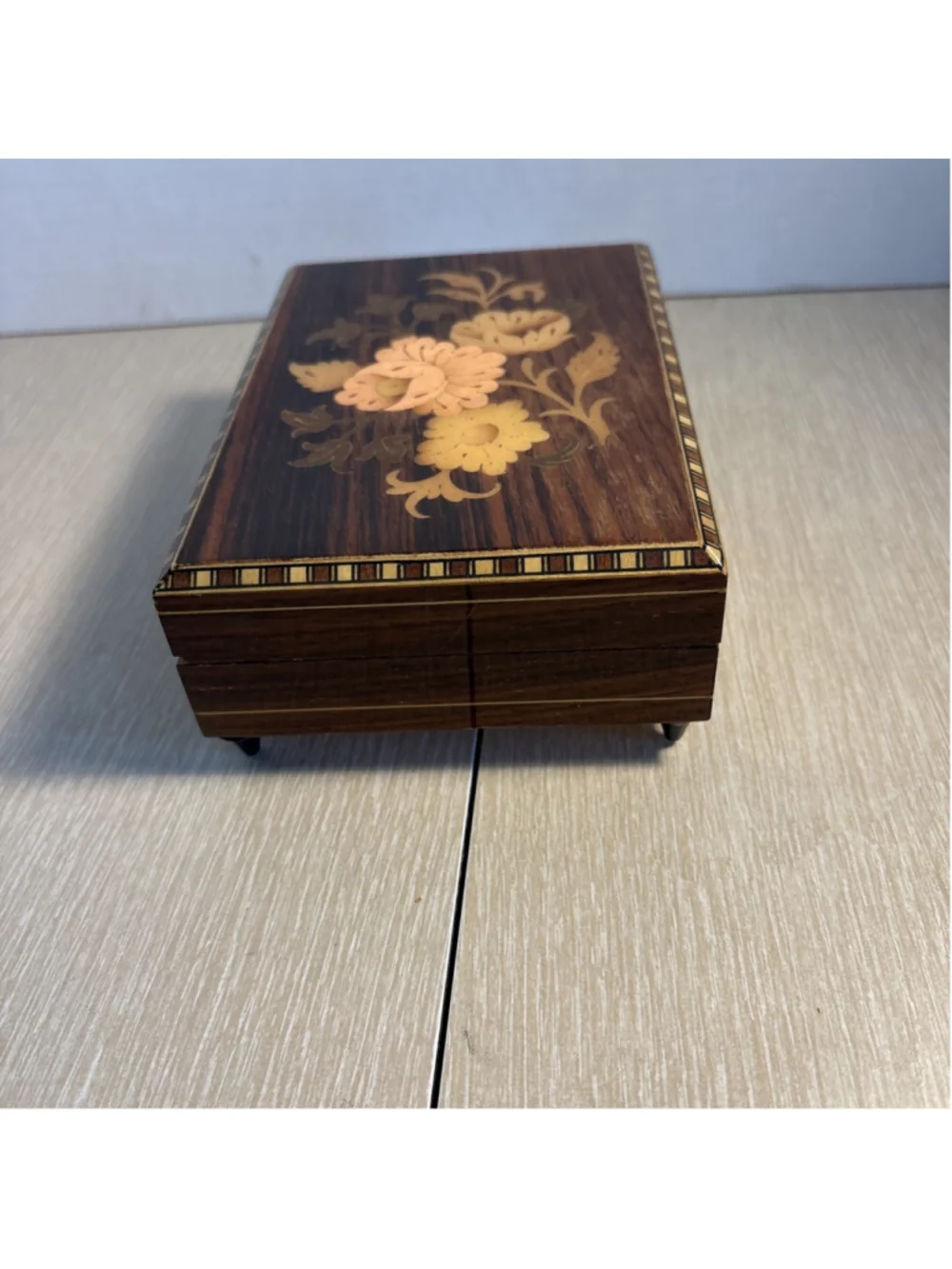 Vtg Italian Sorrento Inlaid Wood Music Box Floral Marquetry Jewelry Trinket 1054